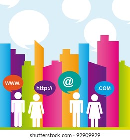 City with colors and people communication. vector illustrator