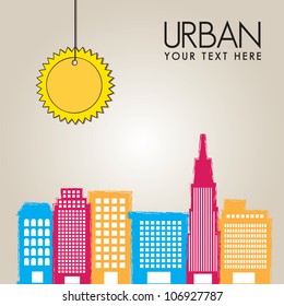 City colors with sun on beige background, vector illustration