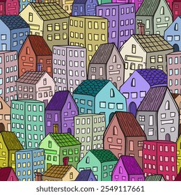 A city with colourful houses and buildings. A fun, whimsical illustration.