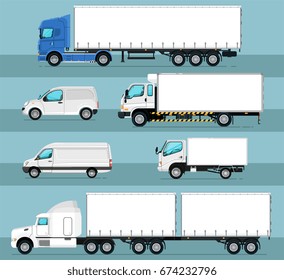 City commercial transport isolated set. Delivery car, cargo van, freight container truck, lorry vector illustration. Trucking business object collection. Side view auto vehicle in flat design.