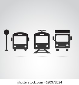 City communication -transport icons of bus, train and truck. Vector art.