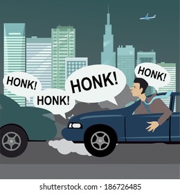 City commute. Upset motorist stuck in a traffic, vector cartoon