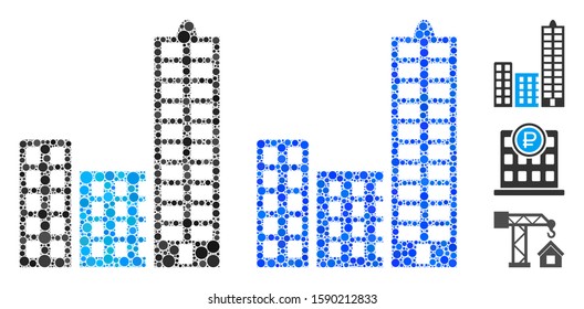 City composition of round dots in various sizes and color tints, based on city icon. Vector round dots are organized into blue mosaic. Dotted city icon in usual and blue versions.