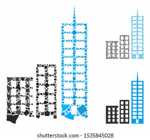 City composition of unequal items in variable sizes and color hues, based on city icon. Vector rugged items are organized into collage. City icons collage with dotted pattern.