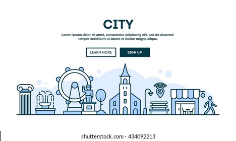 City, concept header, flat design thin line style, vector illustration