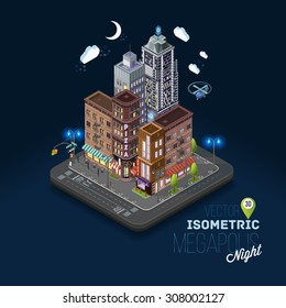 City concept with isometric buildings, shops, offices, cafes, skyscrapers and government buildings. Night city, evening atmosphere, metropolis, urban flat 3d vector illustration.