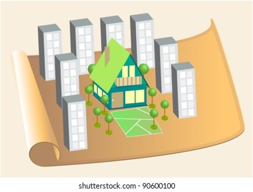 City concept map with rural house and skyscrapers around him, vector