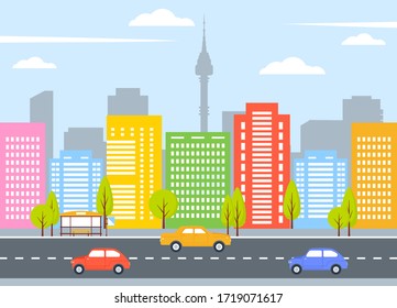 City concept with modern cityscape. Vector illustration. Urban landscape with skyscrapers, trees, cars on the road.