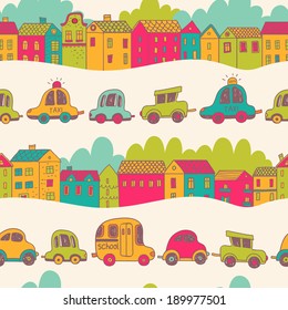 City concept seamless pattern in vector. Bright cartoon background with cars and houses