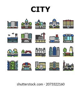 City Construction And Landscape Icons Set Vector. Metro Station And Bus Stop, Factory Industry Building And Airport, Church And Cathedral, City Park And Business Center Line. Color Illustrations