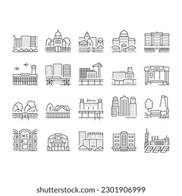 City Construction And Landscape Icons Set Vector. Metro Station And Bus Stop, Factory Industry Building And Airport, Church And Cathedral, City Park And Business Center Black Contour Illustrations