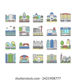 City Construction And Landscape Icons Set Vector. Metro Station And Bus Stop, Factory Industry Building And Airport, Church And Cathedral, City Park And Business Center Line. Color Illustrations