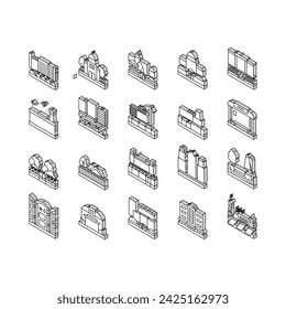 City Construction And Landscape isometric icons set. Metro Station And Bus Stop, Factory Industry Building And Airport, Church And Cathedral, City Park And Business Center Line. Color .