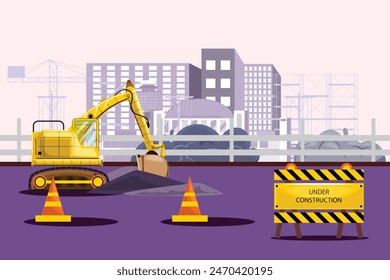 City construction site with excavator digging soil, cones and warning sign, high buildings, crane, and bushes in the background