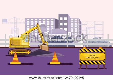 City construction site with excavator digging soil, cones and warning sign, high buildings, crane, and bushes in the background