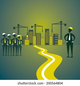 city construction sites, engineer discuss with employee background vector