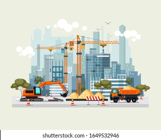 City construction work process with machines vector illustration. Engineers with building cranes and cement trucks flat style. Project of residential houses concept