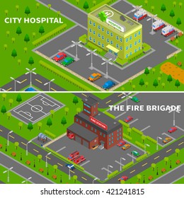 City Constructor Banners Collection Of Hospital And Fire Station Isometric Top View Concepts Vector Illustration