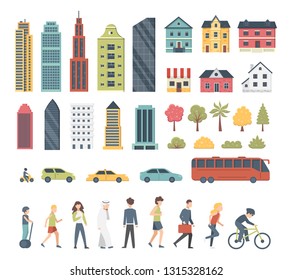 City constructor elements in cartoon style with trees, houses, transport and peopple. Cityscape modern architecture vector icons. Town life big set.