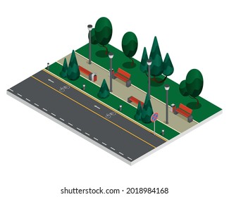 City constructor elements colored isometric composition a road with a bicycle path in the park among green trees vector illustration