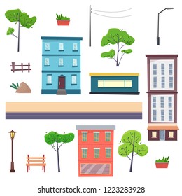 City constructor with elements. Houses on street with road, trees, bench and lantern. Cityscape. Flat cartoon style vector illustration.