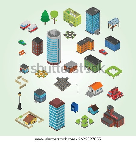 City Constructor Isometric Banners district technology set 3d elements residential kit buildings architectural factory architect skyline station real estate contractor