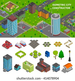 City constructor isometric banners with top view town composition and elements of urban infrastructure vector illustration