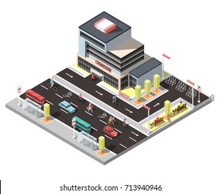 City constructor isometric fragment with modern town building stop for urban transport car and bicycle traffic vector illustration  