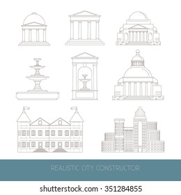City constructor made in vector. Illustration of fountain, mansion, temple, alcove, skyscraper facade made in realistic style. Template for business card, banner