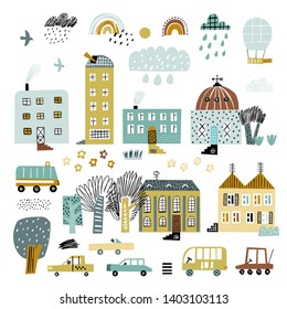 City constructor- old buildings, cars, clouds, flowers and trees. Childish style.