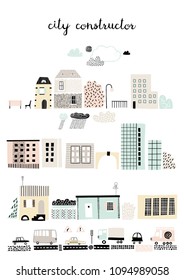 City constructor- old and modern buildings, roads, transport, abstract shapes and textures. Childish style.