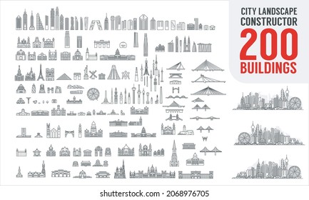 City Constructor. City skyline and 200+ buildings. Collection of building icons in liner style. Bridges,  skyscrapers, iconic places, trees and bushes. Editable stroke.