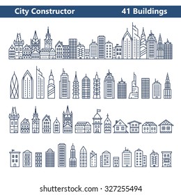 City Constructor. City skyline and 41 buildings. Collection of building icons in liner style