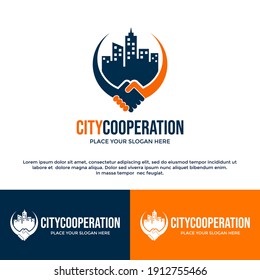 Plantilla de logotipo vectorial de cooperación urbana. Este diseño utiliza un símbolo de apretón de manos. Adecuado para los negocios.