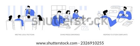 City council abstract concept vector illustration set. Meeting local politician, giving press conference, respond to citizen complaints, democratic choice, government elections abstract metaphor.