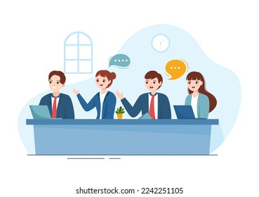 City Council Meeting with Business Team, Employee for Important Negotiation or Define Buildings in Flat Cartoon Hand Drawn Templates Illustration