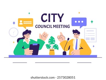 City Council Meeting Vector Illustration Featuring an Effective Business Team, Employees Collaborating, and Brainstorming for Critical Negotiations
