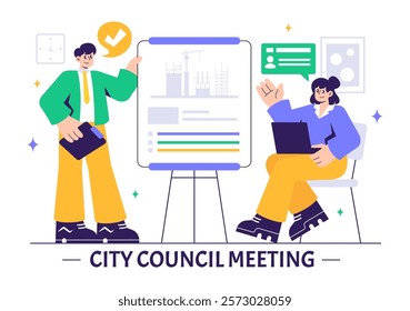 City Council Meeting Vector Illustration Featuring an Effective Business Team, Employees Collaborating, and Brainstorming for Critical Negotiations
