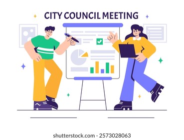 City Council Meeting Vector Illustration Featuring an Effective Business Team, Employees Collaborating, and Brainstorming for Critical Negotiations
