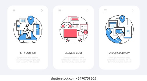 City courier and delivery - line design style banners set with place for text. Fast transportation on a moped, freight transport, logistics, costs, order a service, storage in a warehouse idea