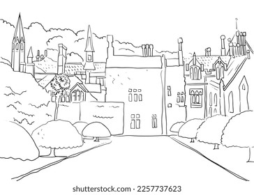 City courtyard castle palace coloring book architecture building structures walls with windows and roofs, garden with trees in perspective road hand drawn