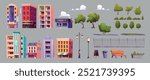 City creation kit. Cartoon vector town constructor buildings and park elements - apartment house and hotel, barber shop and stores, trees and lawn, bench and streetlight lamps, fence and trash bin.