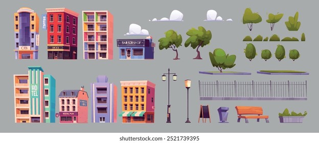 City creation kit. Cartoon vector town constructor buildings and park elements - apartment house and hotel, barber shop and stores, trees and lawn, bench and streetlight lamps, fence and trash bin.