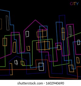 city creative concept, vivid colored lines created a houses, contemporary night town, vector
