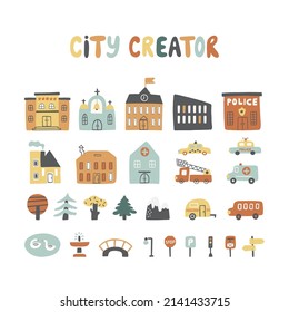 City creator with houses, cars, animals, trees, road signs and etc. Can be used for kid's rooms, t-shirt prints, cards, games, and frames. Vector set with hand-drawn elements. 