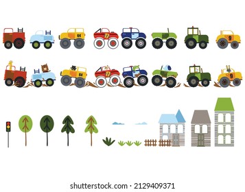 city creator vector set. Elements for nursery design: houses, cars, trees, infrastructure.