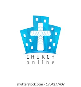 City and cross blue logotype concept. Stained glass logo idea. Religious creative 3D icon, christian education symbol. Internet church sign. Brand button. Isolated abstract graphic web design template