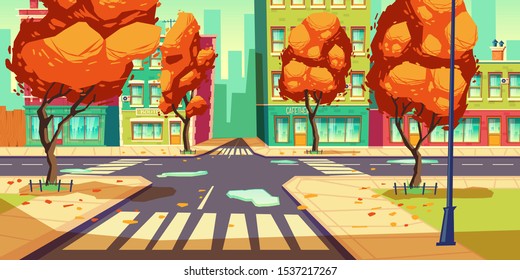 City crossroad in autumn time, empty transport intersection with zebra crossing, puddles and fallen leaves. Urban architecture, infrastructure, megapolis street with trees. Cartoon vector illustration