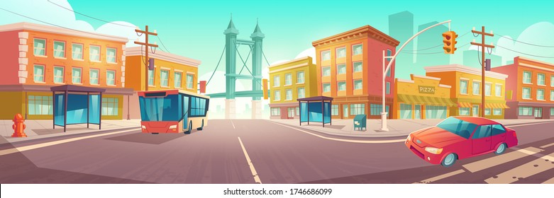 City crossroad with bus and car on transport intersection with zebra crossing, traffic lights and street lamps. Urban infrastructure, bridge and modern megapolis buildings, Cartoon vector illustration