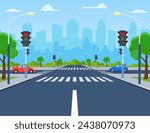 city crossroad with cars, road on crosswalk with traffic lights. markings and sidewalk for pedestrians. highway, concept. Vector illustration in flat style